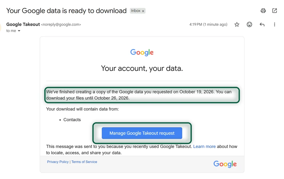 E-mail de Takeout annonçant que l'archive est prête, avec le bouton qui ouvre la demande et la date limite de téléchargement mis en évidence