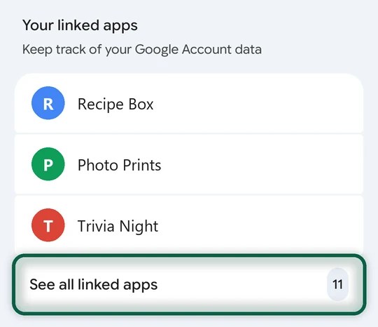 Android, Gérer votre compte Google, rubrique sécurité et connexion, carte de vos applications associées mise en évidence