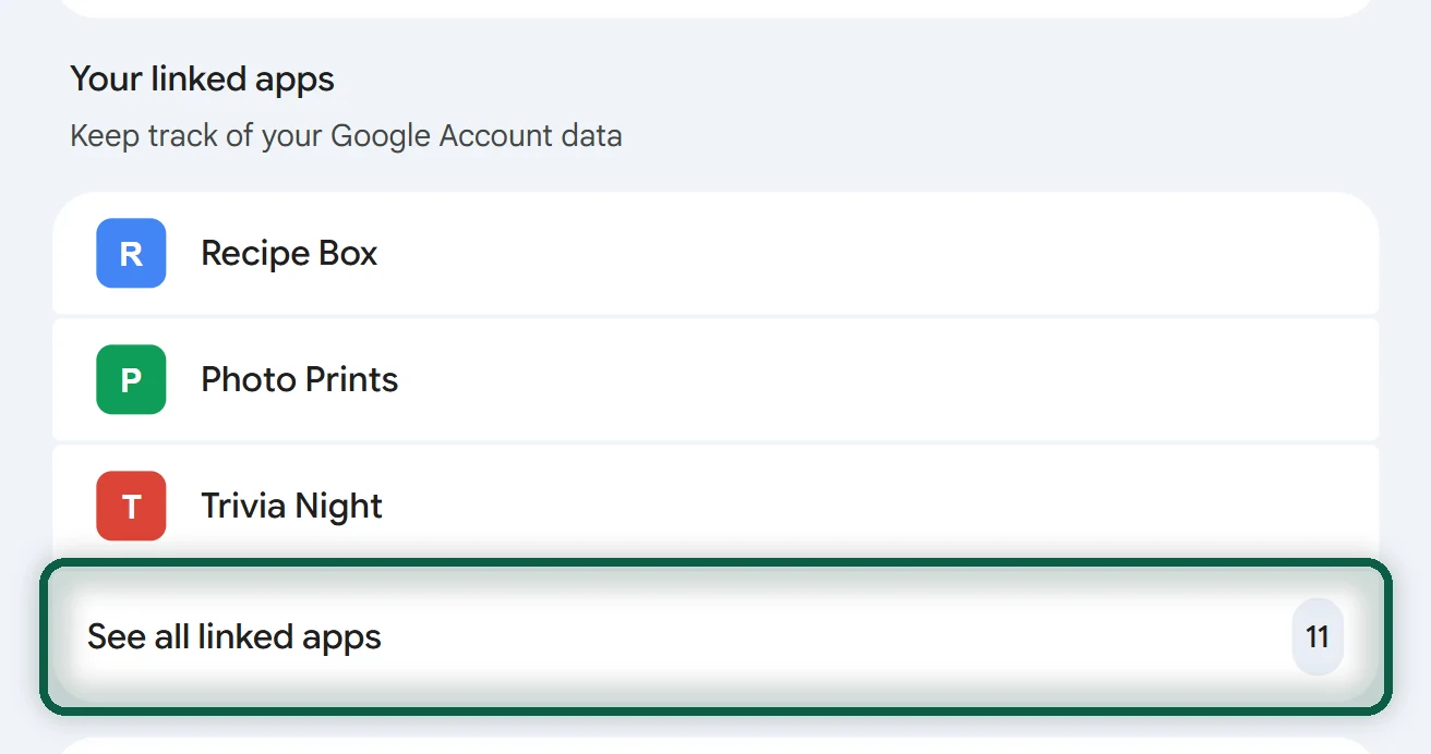 Compte Google, rubrique sécurité et connexion, carte de vos applications associées avec les icônes d'applis et son lien vers la liste complète mis en évidence