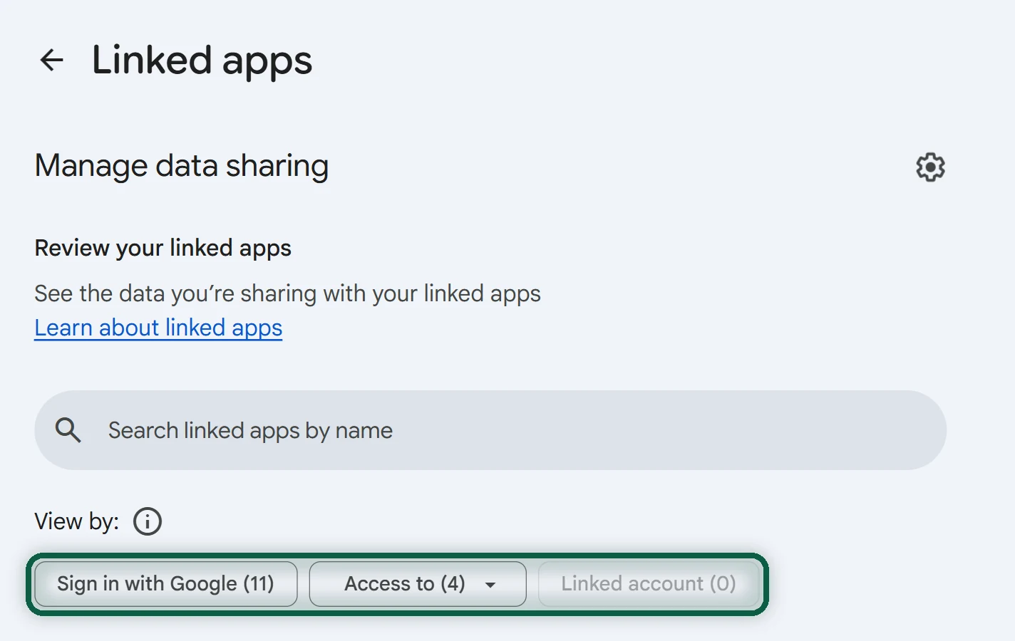 myaccount.google.com/linkedapps with the filter chips Sign in with Google, Linked account and Access to your Google Account highlighted, badge 1