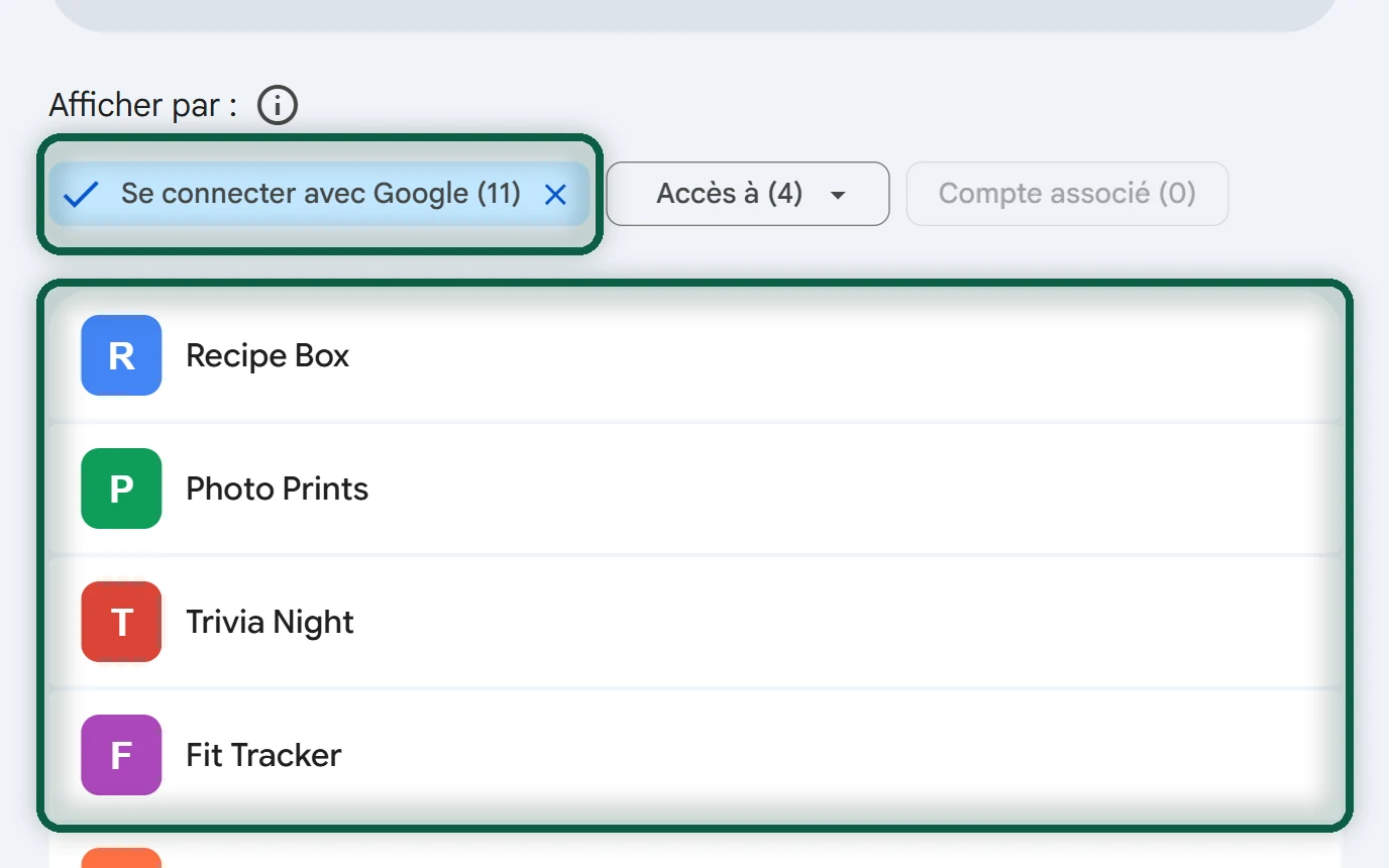 Page des applications associées filtrée sur Se connecter avec Google, avec la liste des sites de démonstration, autrement dit votre liste de comptes à déplacer