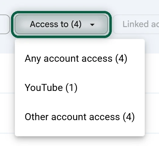 Access to your Google Account filter with the Access to dropdown open, showing Google product and Other account access