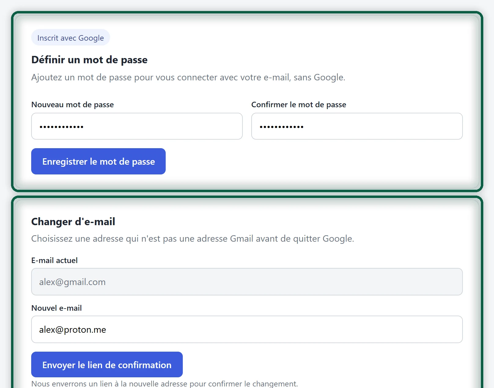 Paramètres du compte d'un site de démonstration neutre avec les champs pour définir un mot de passe et changer d'adresse e-mail. Illustration générique avec une flèche
