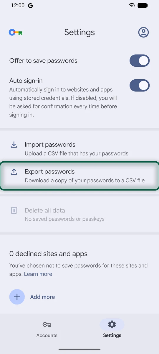 Chrome sur Android, paramètres du Gestionnaire de mots de passe de Google avec l'option d'export des mots de passe et des clés d'accès mise en évidence