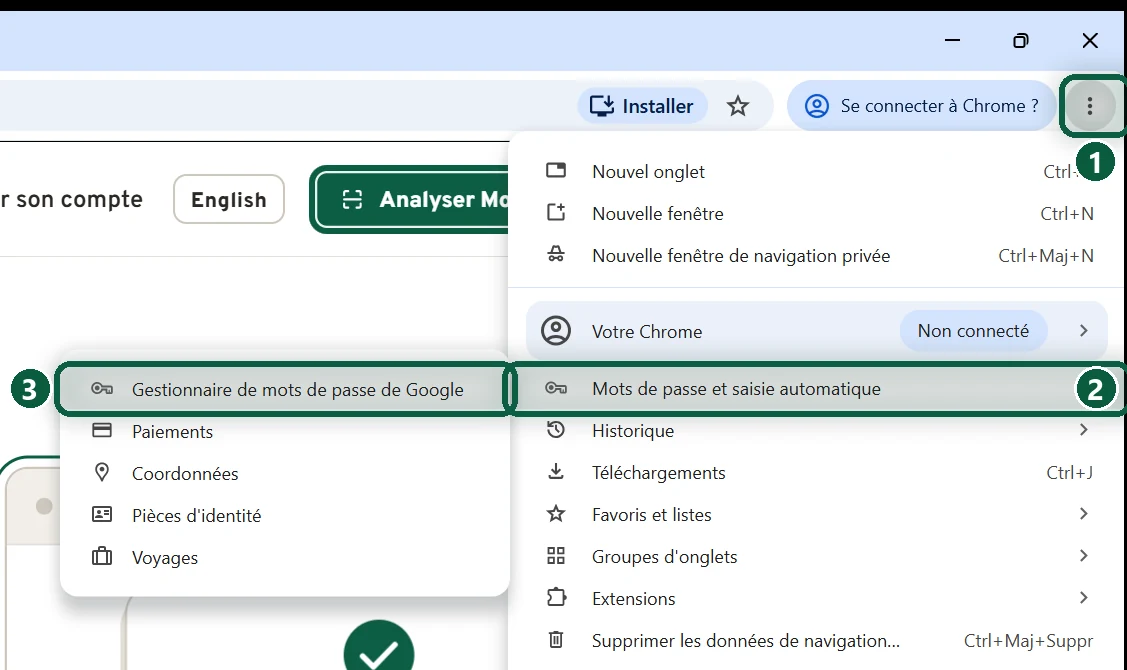 Menu de Chrome ouvert sur Plus, Mots de passe et saisie automatique, Gestionnaire de mots de passe de Google, avec des flèches numérotées de 1 à 3