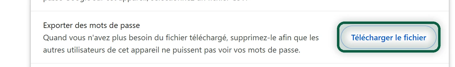 Paramètres du Gestionnaire de mots de passe de Google dans Chrome avec la ligne Exporter des mots de passe, le bouton Télécharger le fichier et l'avertissement « fichier en clair »
