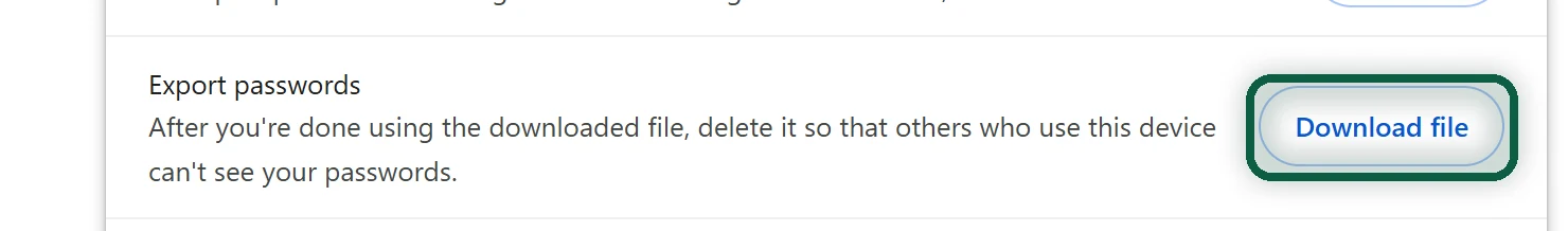 chrome://password-manager/settings with the Export passwords row and Download file highlighted, plus a warning that the file is plain text