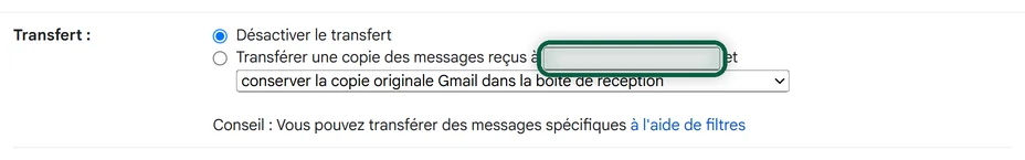 Onglet Transfert et POP/IMAP des paramètres de Gmail, avec le bouton Ajouter une adresse de transfert mis en évidence