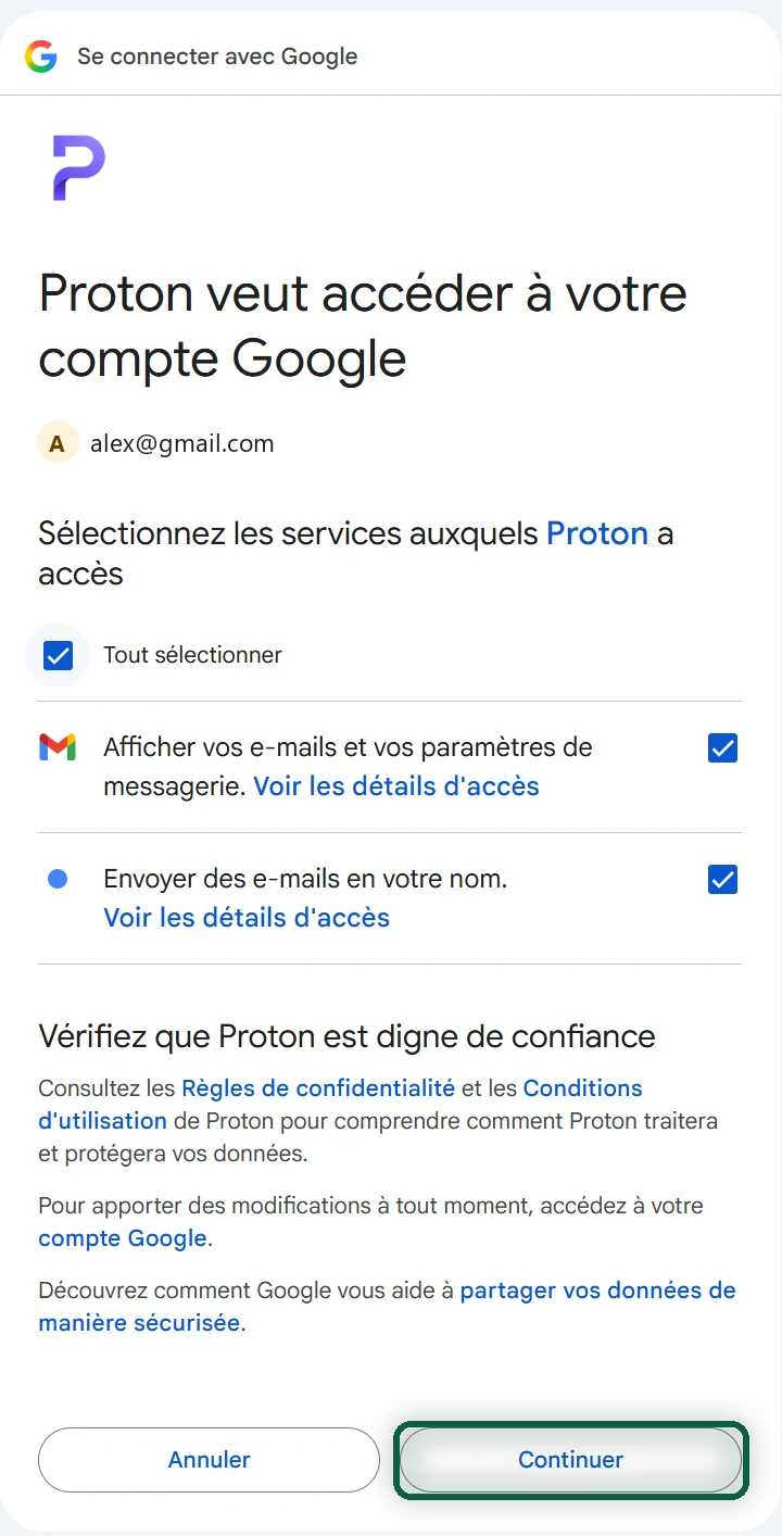 Écran d'autorisation de Google pour Proton, avec Tout sélectionner coché et Continuer mis en évidence