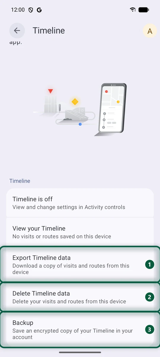 Paramètres Android, Localisation, Services de localisation, Vos trajets, avec les options d'export, de suppression et de sauvegarde repérées de 1 à 3