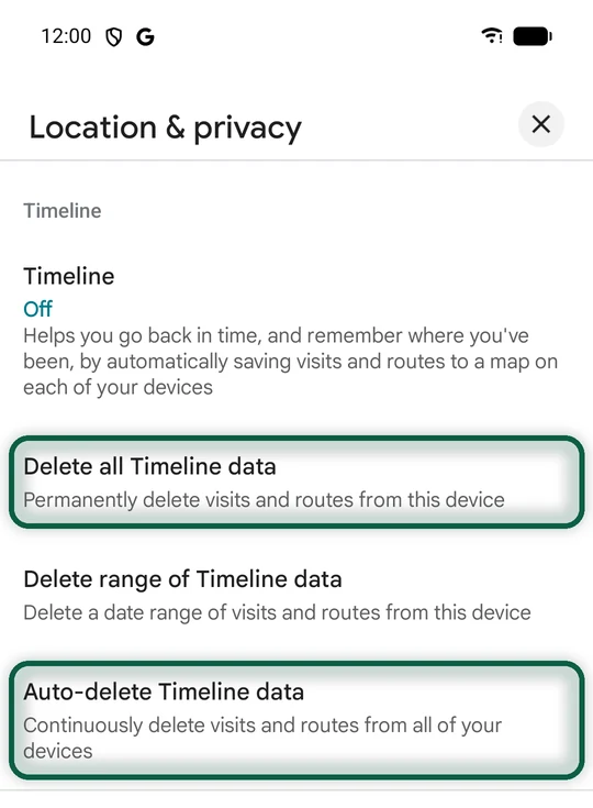 Google Maps, Vos trajets, Plus, Paramètres, avec Supprimer toutes les données de Vos trajets et Supprimer automatiquement vos trajets mis en évidence