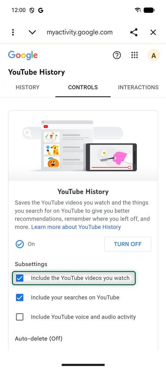 Appli YouTube, Paramètres, Gérer tout l'historique, onglet Commandes, avec Inclure les vidéos YouTube que vous regardez décoché