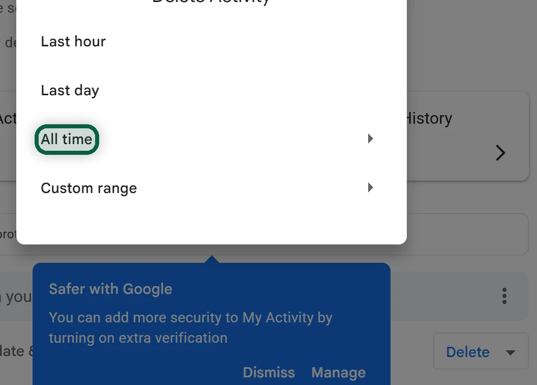 myactivity.google.com with the Delete menu open, an arrow on All time and a red warning that this can't be undone