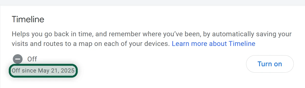 myaccount.google.com/activitycontrols/location with the Timeline control switched off