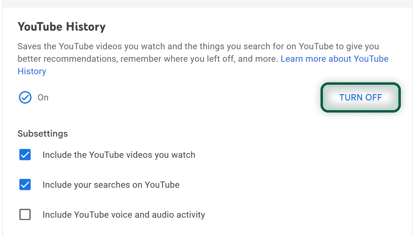 The Controls tab of YouTube History in My Activity, with Turn off highlighted