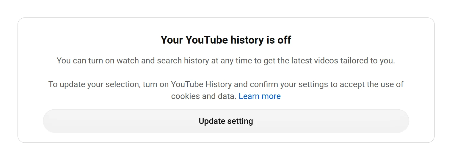Page d'accueil de youtube.com avec l'historique désactivé, qui affiche le message de fil vide. Une bulle explique que c'est normal et renvoie vers les abonnements