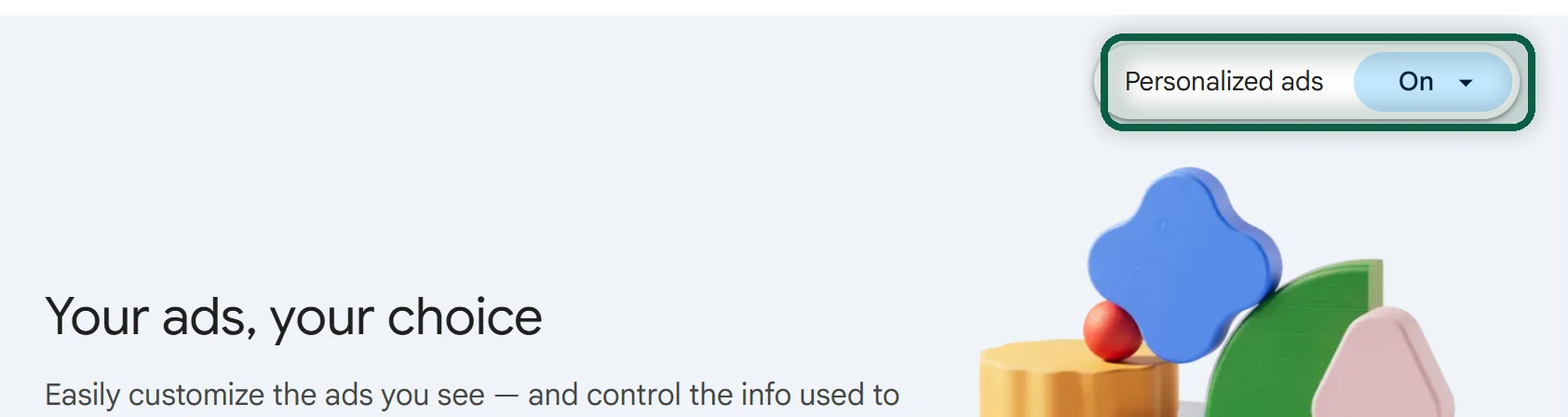 myadcenter.google.com avec le réglage Annonces personnalisées sur Désactivé, flèche sur l'interrupteur