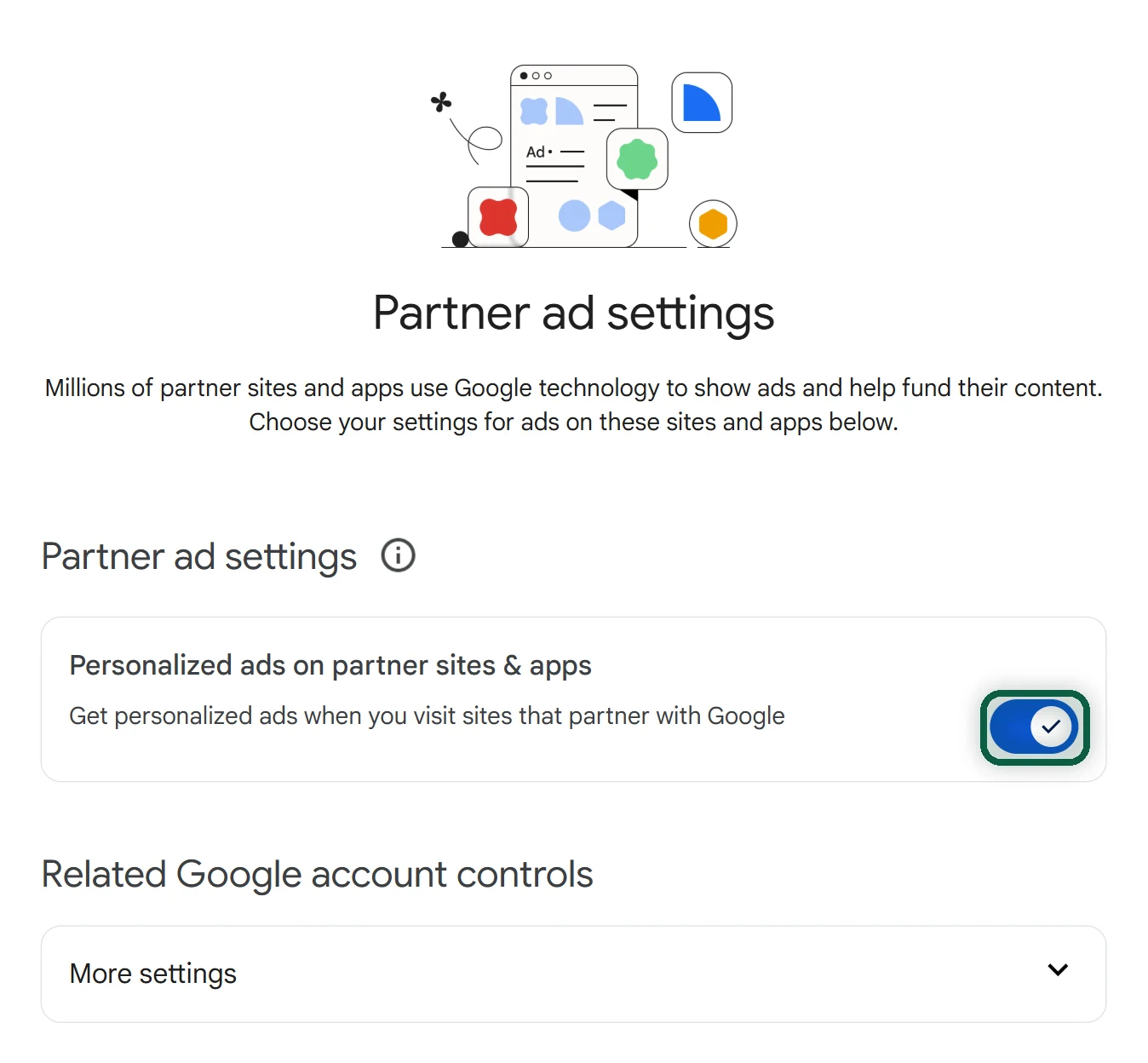 adssettings.google.com/partnerads avec l'interrupteur des annonces partenaires et la case d'enregistrement des données dans le compte encadrés