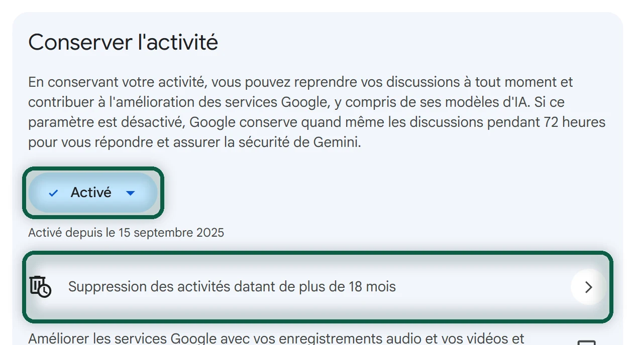 Page d'activité Gemini avec la commande Conserver l'activité et l'option de suppression automatique, flèche sur la commande