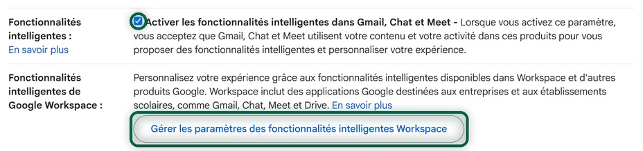 Paramètres de Gmail, onglet Général, avec la case des fonctionnalités intelligentes et le lien Gérer les paramètres des fonctionnalités intelligentes Workspace mis en évidence