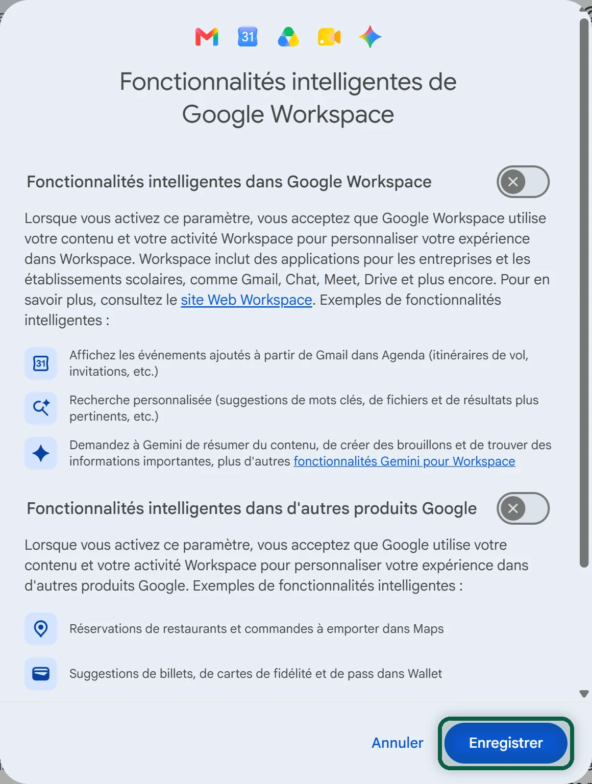 Fenêtre des fonctionnalités intelligentes Workspace avec les deux interrupteurs désactivés et une flèche sur Enregistrer