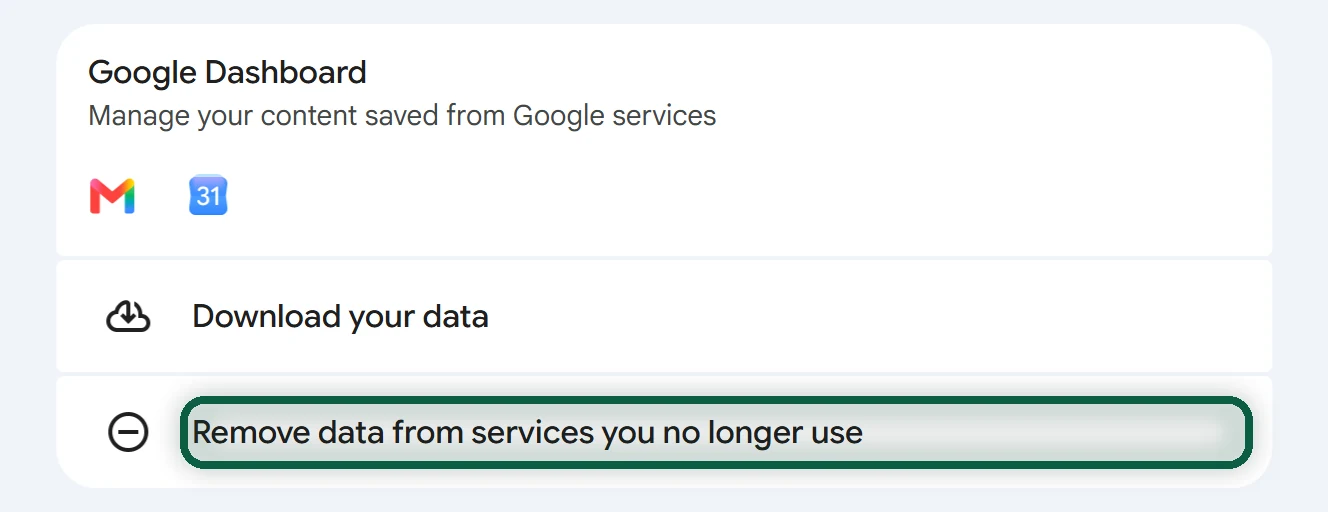 Google Account, Data & privacy, scrolled to Tools, with Remove data from services you no longer use highlighted