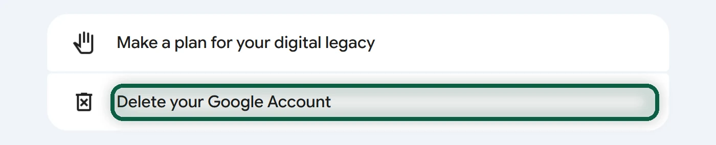 Data & privacy, Your data & privacy options, More options expanded, with Delete your Google Account framed in red