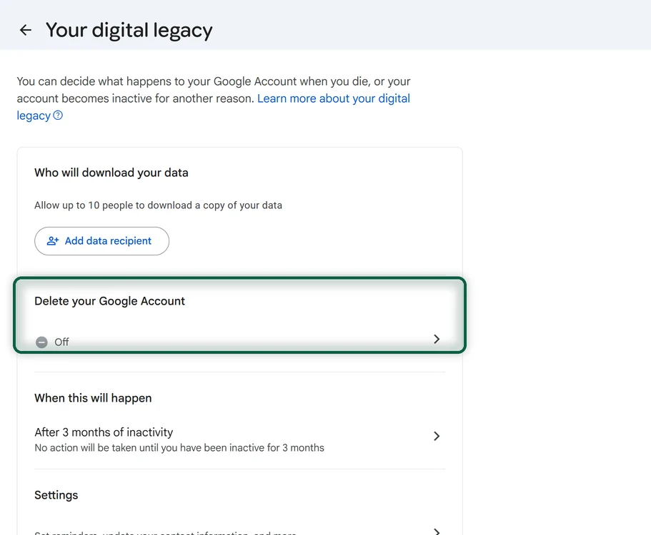 Inactive Account Manager overview at myaccount.google.com/inactive showing the waiting period, trusted contacts and delete option, one box per step