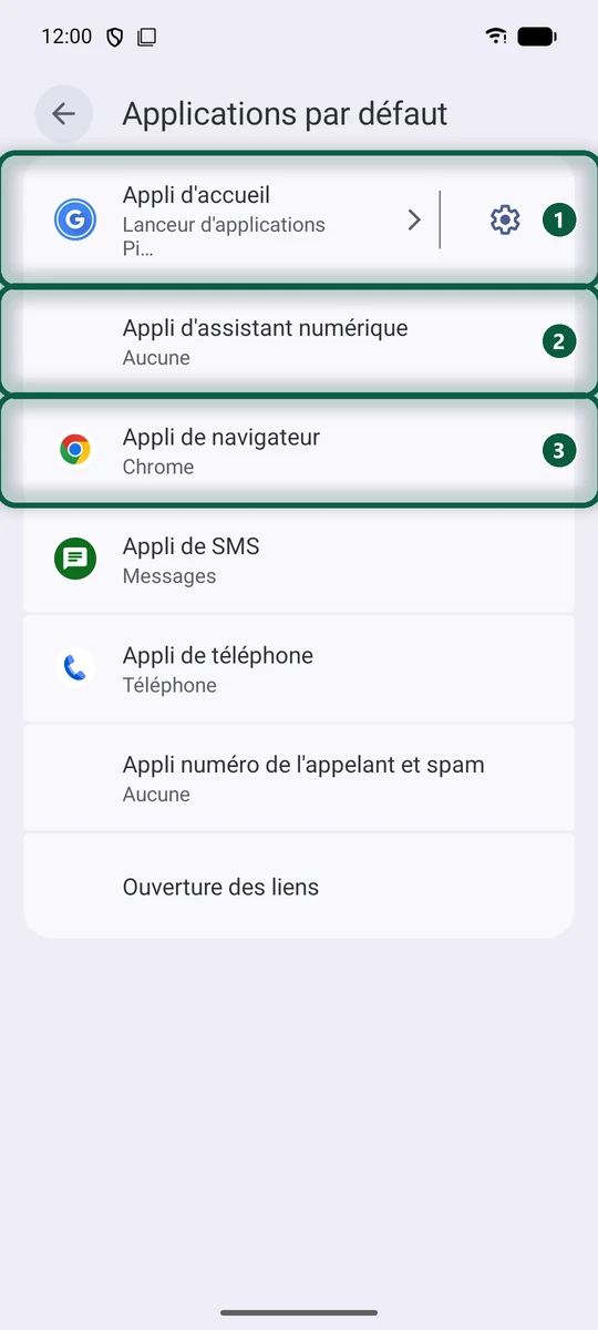 Écran des applis par défaut dans les Paramètres Android avec la ligne du navigateur mise en évidence