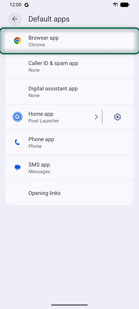 Écran des applis par défaut dans les Paramètres Android, avec l'écran d'accueil, le navigateur et l'assistant numérique repérés 1 à 3