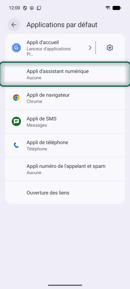 Écran Applications par défaut d'Android, avec Appli d'assistant numérique réglée sur Aucune