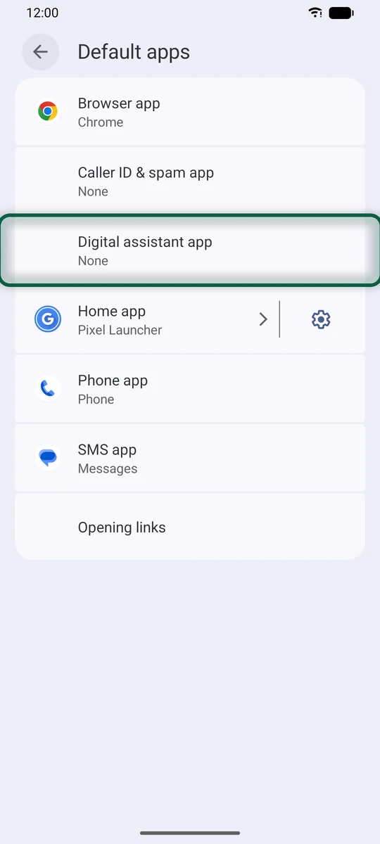 Digital assistant app screen with None selected