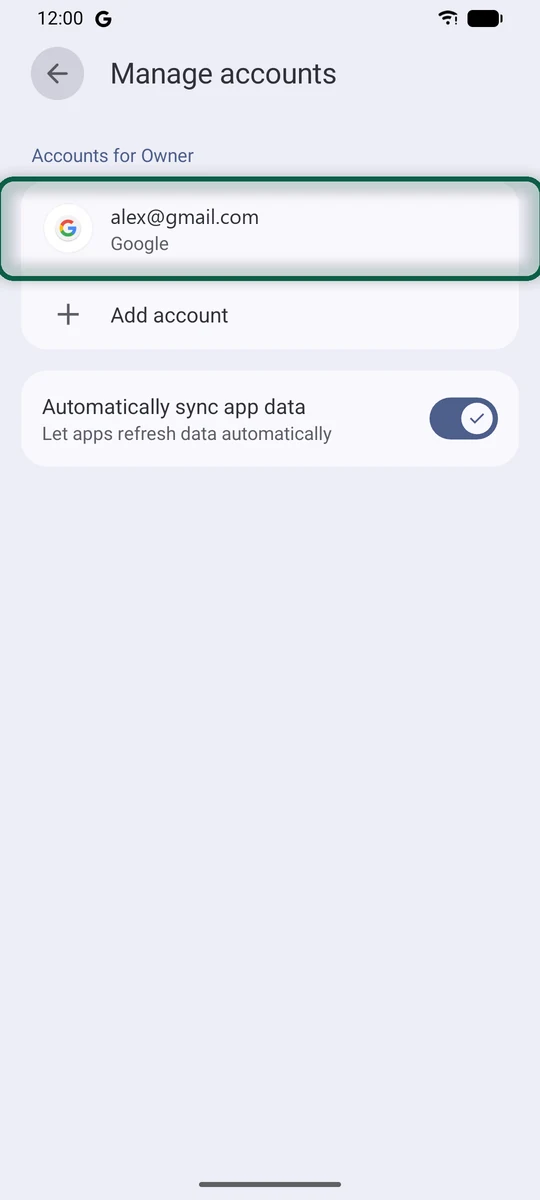 Paramètres Android, écran Mots de passe et comptes, avec le compte Google mis en évidence (le nom du menu varie selon le téléphone)