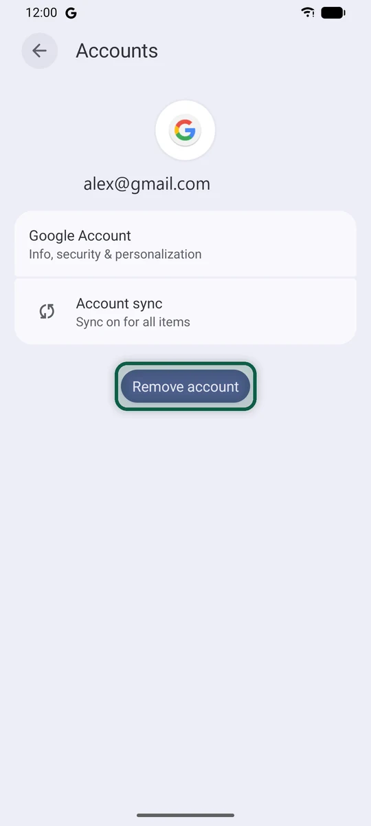 Détail du compte Google dans Mots de passe et comptes, avec le bouton Supprimer le compte mis en évidence