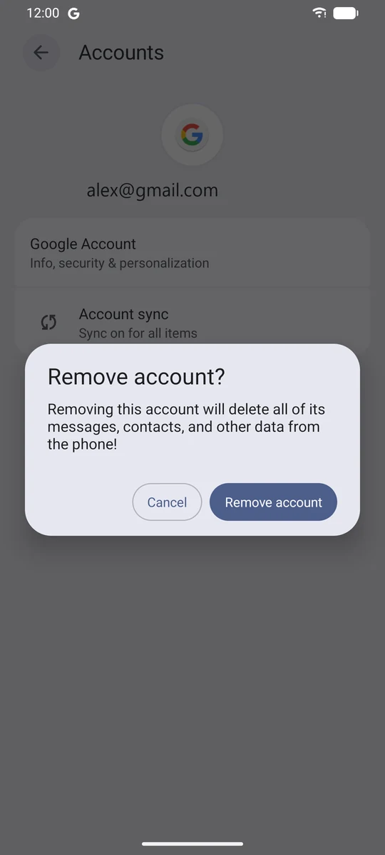 Boîte de confirmation Android avec les boutons Supprimer le compte et Supprimer et l'avertissement « les e-mails, contacts et paramètres de ce compte quittent le téléphone »