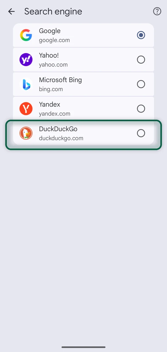 Chrome for Android at Settings, Search engine, with the engine list open
