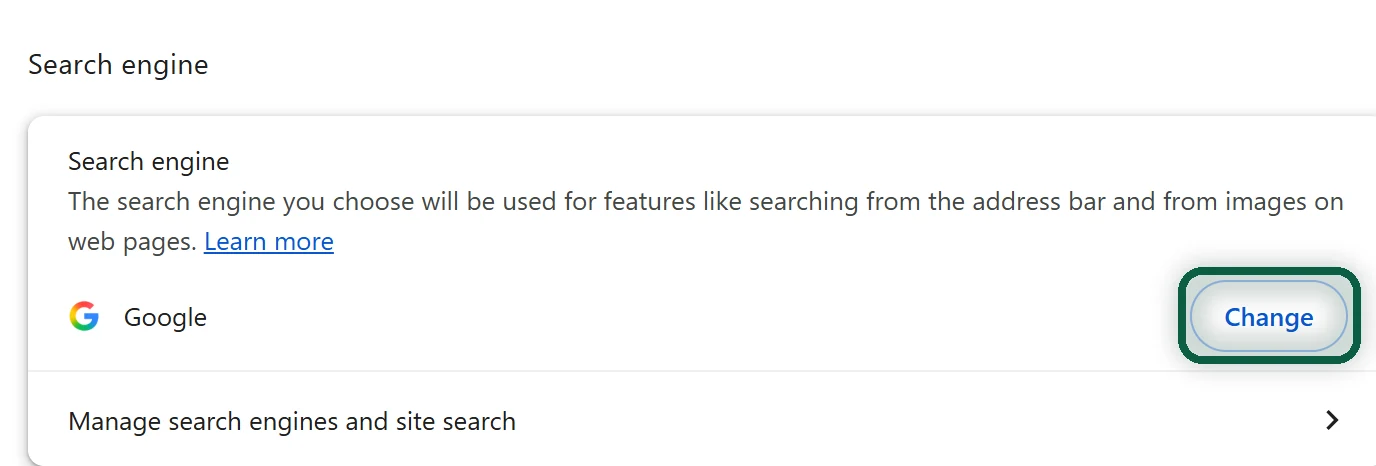 Chrome settings showing the Search engine section with the Change button highlighted