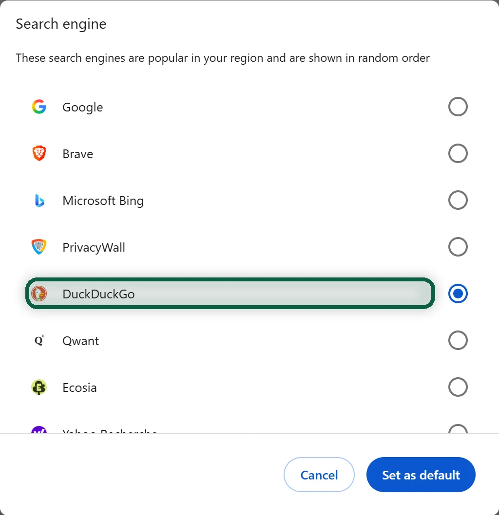 Chrome's search engine list with DuckDuckGo selected