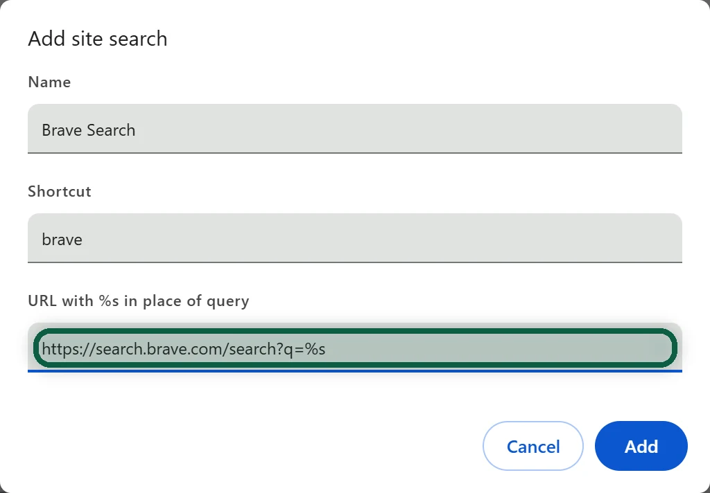Chrome's Add search engine dialog, with the %s placeholder in the URL field highlighted
