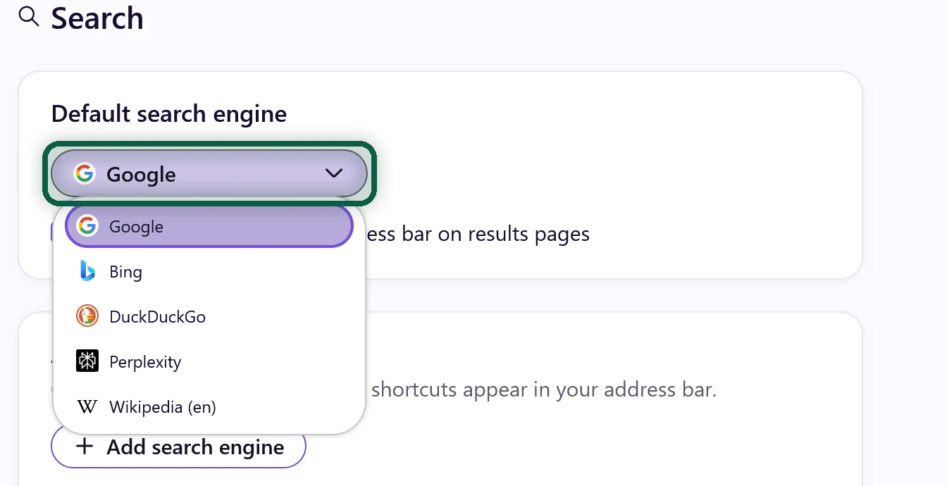 Firefox Settings, Search, with the Default Search Engine dropdown open