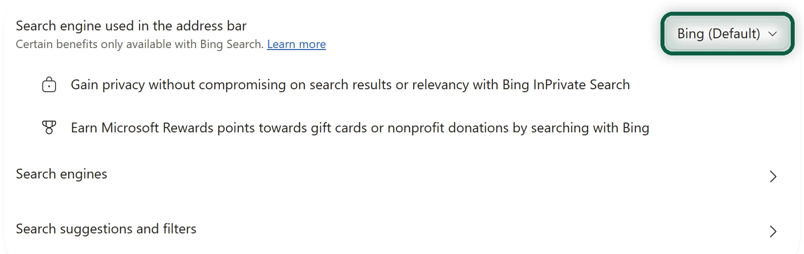 Edge settings with the Search engine used in the address bar dropdown highlighted
