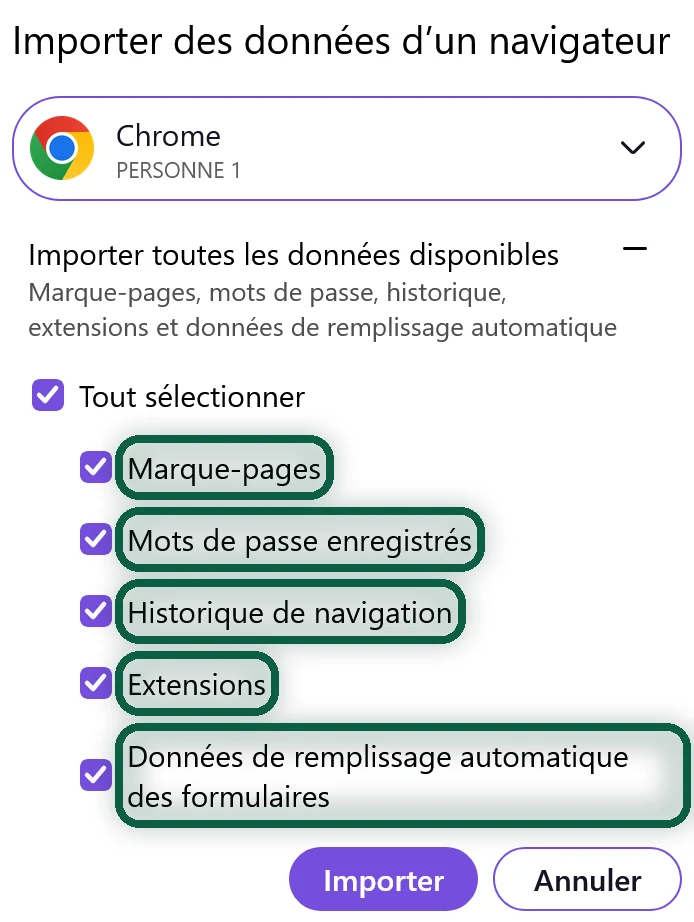 Assistant d'import de Firefox avec Chrome sélectionné et les cases des données numérotées
