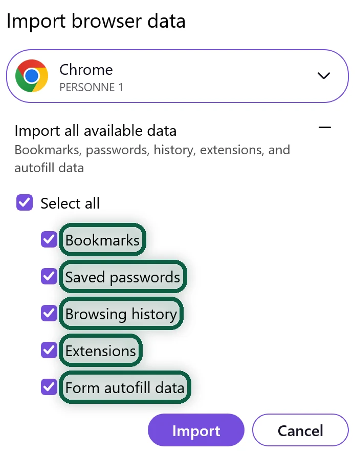 Firefox import wizard with Google Chrome selected and the data checkboxes numbered