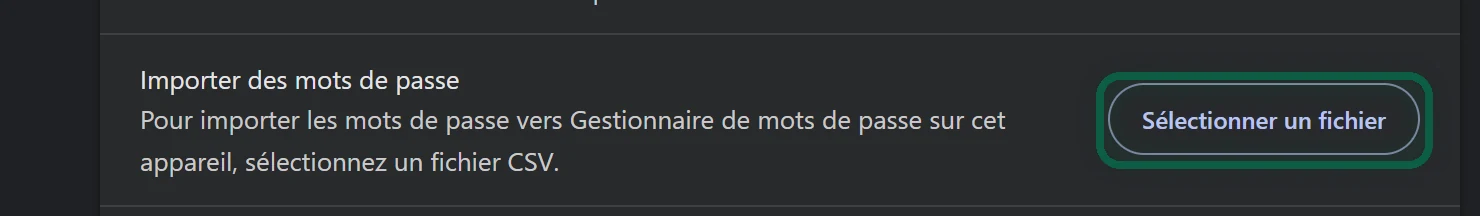 Paramètres du gestionnaire de mots de passe de Brave avec Importer des mots de passe et le bouton Sélectionner un fichier mis en évidence