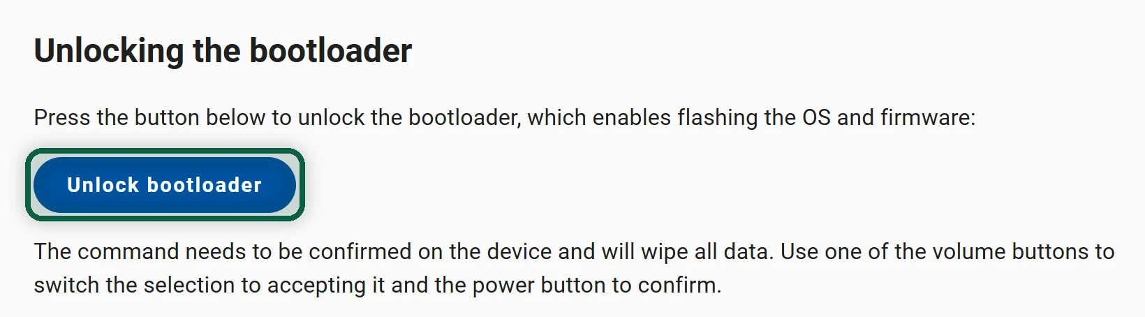 GrapheneOS web installer page with the unlock-bootloader step highlighted