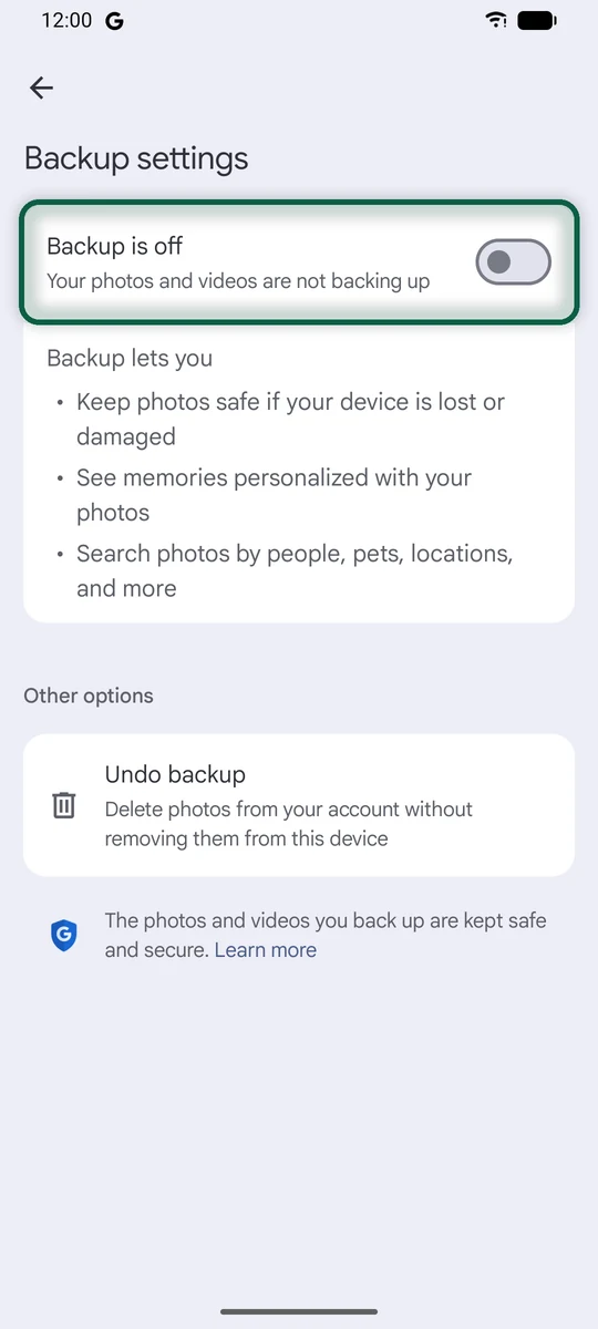 Appli Google Photos, écran Paramètres de Google Photos, Sauvegarde, avec l'interrupteur de sauvegarde désactivé