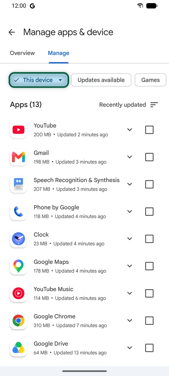 Écran Gérer les applications et l'appareil du Play Store, onglet Gérer, avec le filtre de l'appareil mis en évidence