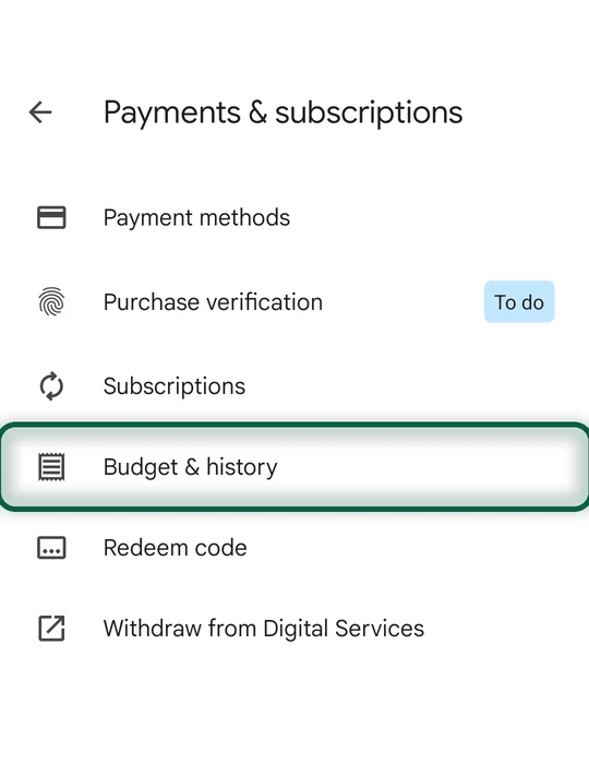 Menu du profil du Play Store ouvert sur Paiements et abonnements, avec Budget et historique mis en évidence
