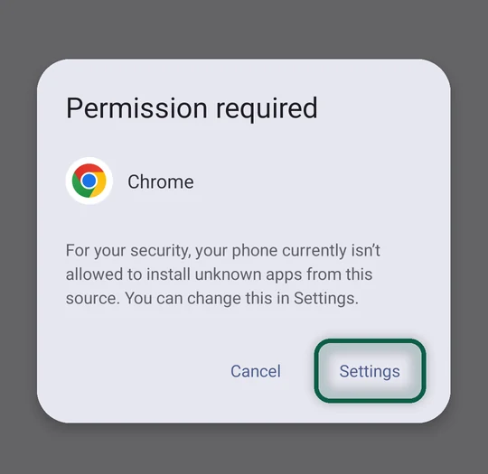Demande d'Android pour autoriser le navigateur à installer des applis, avec le bouton Paramètres mis en évidence