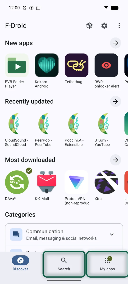 Écran d'accueil de F-Droid 2.0, avec les onglets de recherche et de vos applis visibles en bas